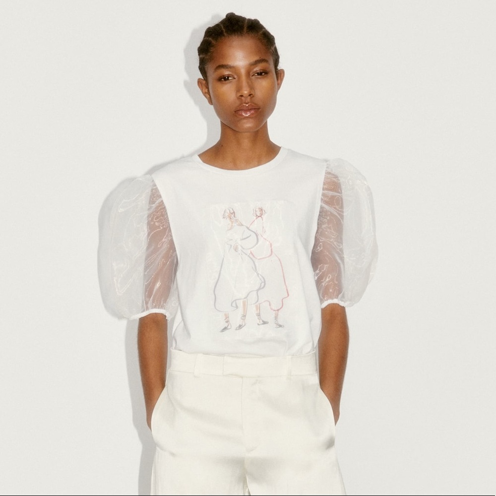 ZARA Graphic Print T-Shirt with Organza Puff Sleeves in White
